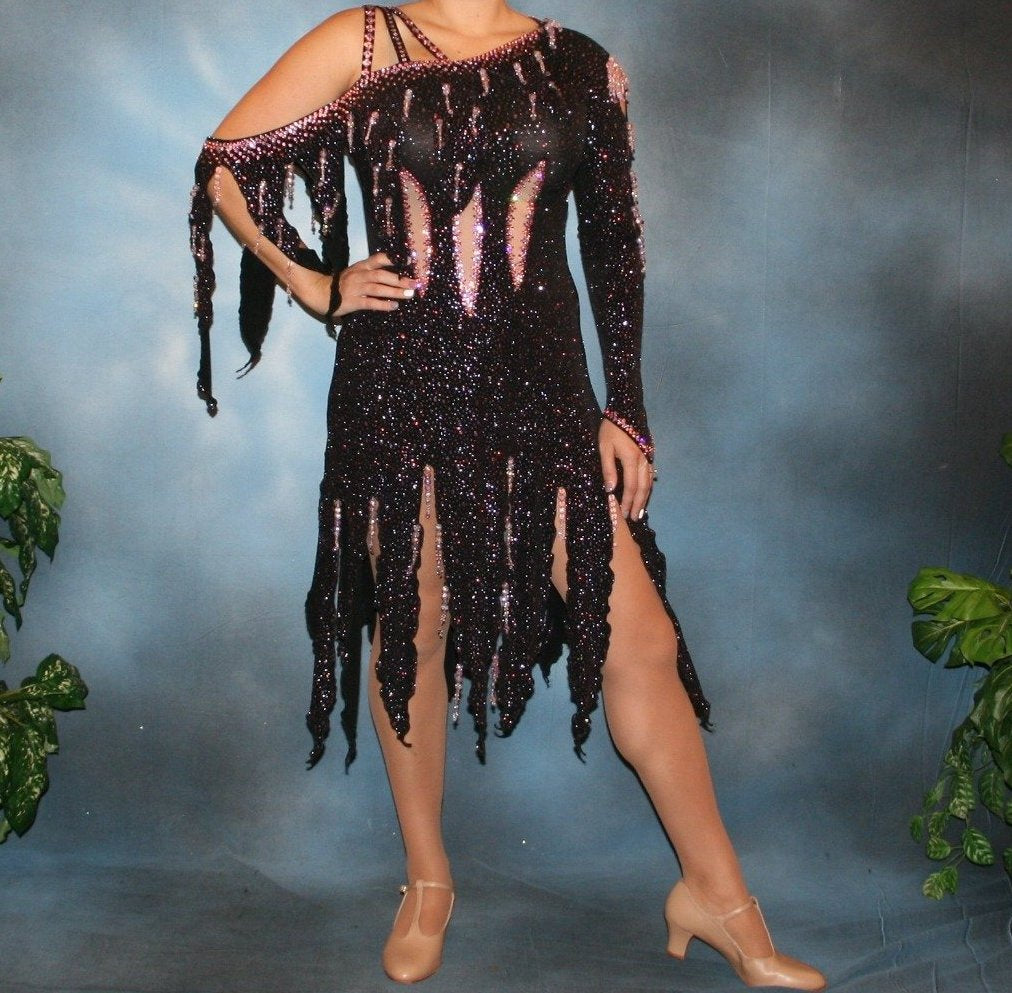 Black Latin-Rhythm Dress with Pink Swarovski Rhinestone Work & Hand Beading-Desiree