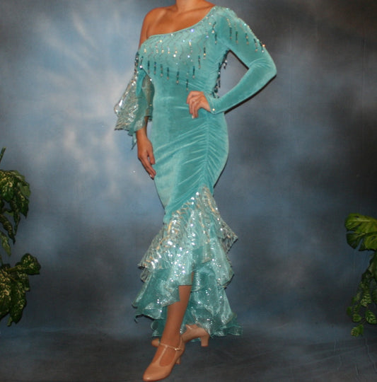 Aqua Latin-Rhythm Dress with Flounces, Aqua Swarovski Rhinestones & Hand Beading-Evita