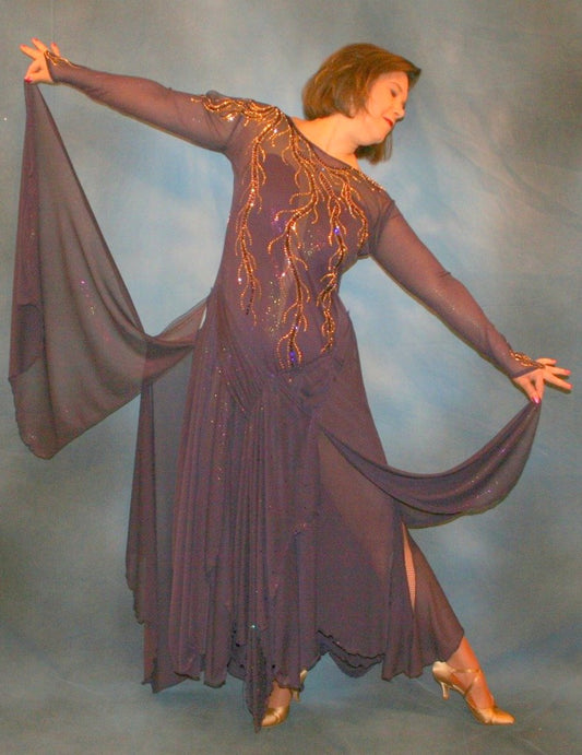 Crystal's Creations Purple ballroom dress created in gorgeous deep plum iridescent sheer mesh with draping floats, embellished with gold aurum & purple velvet Swarovski rhinestone work