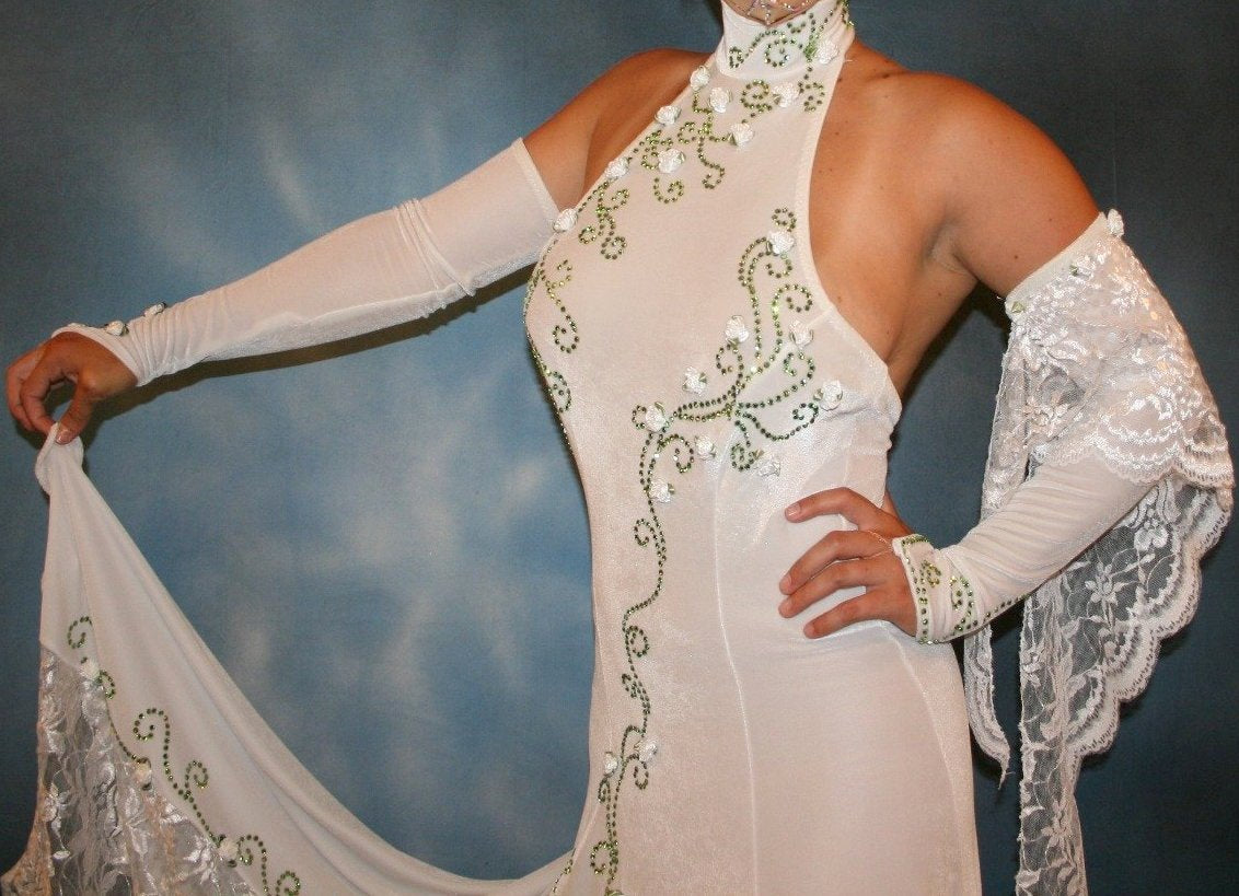 White Ballroom Dress with Miniature Silk Roses & Green Swarovski Rhinestones-Roses & Lace