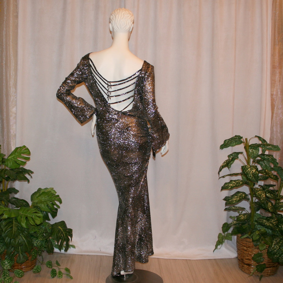 Silver Swirls on Black Latin-Rhythm-Tango Dress-Charming Silver Swirls