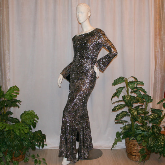 Silver Swirls on Black Latin-Rhythm-Tango Dress-Charming Silver Swirls