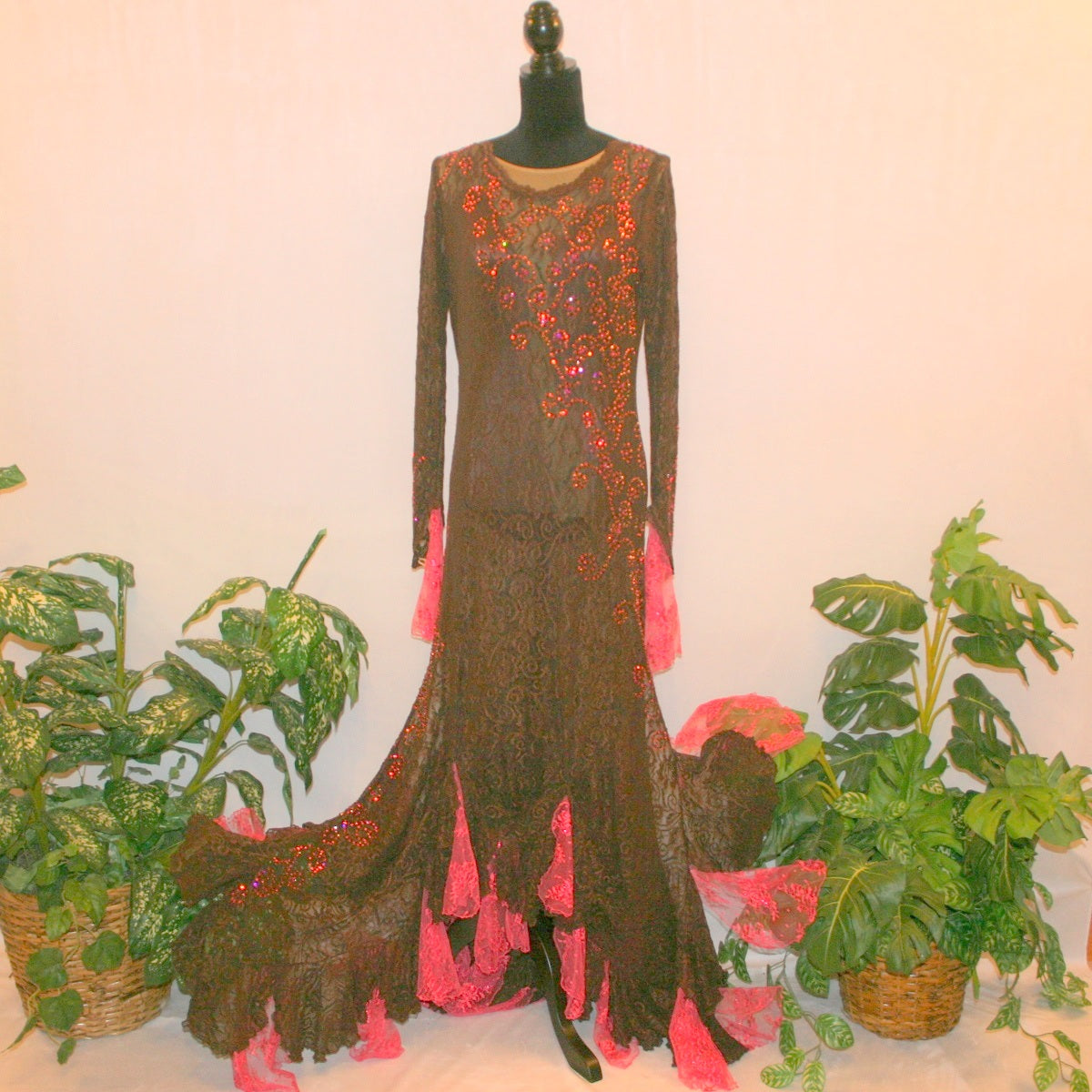 Brown lace tango dress, paso dress, fabulous bolero dress or rumba dress created in luxurious chocolate brown stretch lace with accent flounces of a deep pink glitter lace, embellished with Swarovski rhinestone detail work in Indian pink, mocha, & fuchsia.