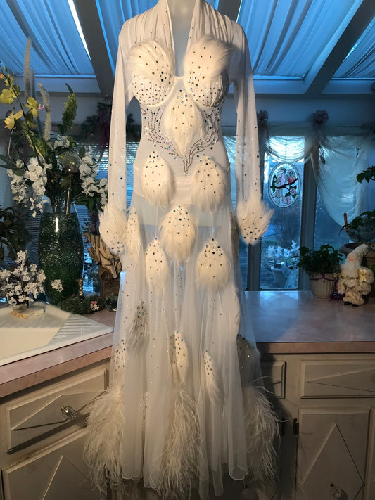 White Ballroom Dress with Feathers-White Swan