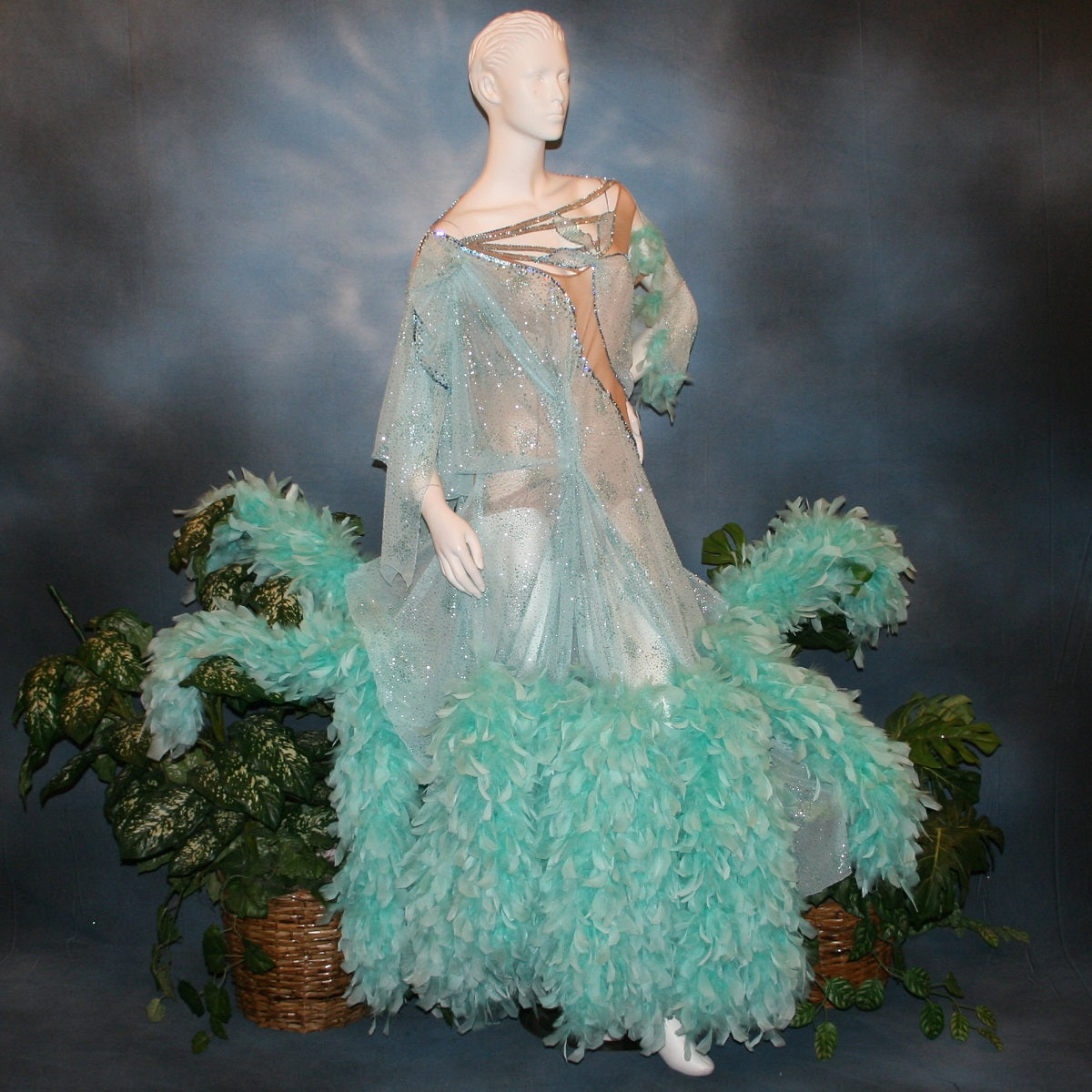 Aqua Ballroom Dress With Chandelle Feathers Size 9 10 13 14 Crystal s Creations